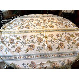 VTG Handmade Cotton Floral Tablecloth 62" Dusty Blue Yellow Beige Green Floral